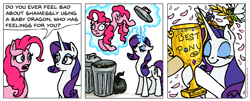 Size: 942x379 | Tagged: safe, artist:gingerfoxy, character:pinkie pie, character:rarity, species:breezies, species:pony, abuse, best pony, comic, implied spike, into the trash it goes, pinkiebuse, pony comic generator, trash can, trophy