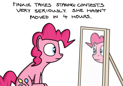 Size: 1200x840 | Tagged: safe, artist:hoofclid, character:pinkie pie, species:pony, mirror, simple background, sitting, solo, stare, staring contest, white background