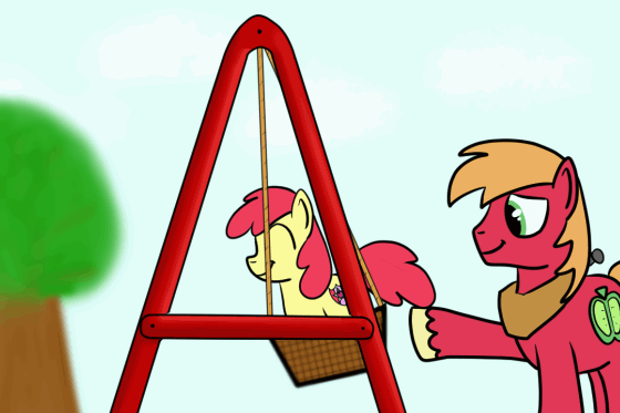 Size: 560x373 | Tagged: safe, artist:hoofclid, character:apple bloom, character:big mcintosh, species:earth pony, species:pony, adorabloom, animated, basket, brother and sister, cute, duo, female, gif, macabetes, male, missing accessory, siblings, swing, swinging, tree