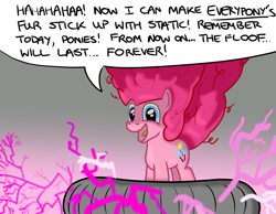 Size: 1080x840 | Tagged: safe, artist:hoofclid, character:nightmare pinkie pie, character:pinkie pie, species:pony, cute, evil laugh, faec, fluffy, happy, nightmarified, pure unfiltered evil, smiling, solo, static electricity, tesla coil, xk-class end-of-the-world scenario