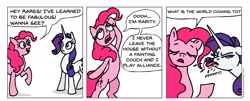 Size: 1619x655 | Tagged: safe, artist:gingerfoxy, character:pinkie pie, character:rarity, species:pony, comic, imitation, mocking, onomatopoeia, pony comic generator, rarity is not amused, raspberry, raspberry noise, tongue out, warcraft, world of warcraft