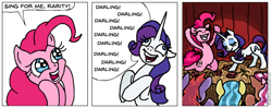 Size: 934x370 | Tagged: safe, artist:gingerfoxy, character:pinkie pie, character:rarity, species:pony, bowing, comic, darling, flanderization, flower, pony comic generator, rose, stage