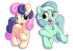 Size: 1100x770 | Tagged: safe, artist:bobdude0, character:bon bon, character:lyra heartstrings, character:sweetie drops, species:earth pony, species:pony, species:unicorn, adorabon, cute, duo, female, lyrabetes, mare, open mouth, raised hoof, simple background, smiling, transparent background