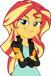 Size: 3000x4453 | Tagged: safe, artist:ambassad0r, character:sunset shimmer, equestria girls:friendship games, g4, my little pony:equestria girls, absurd resolution, breasts, clothing, crossed arms, cute, female, jacket, leather jacket, looking at you, shirt, simple background, smiling, smug, smugset shimmer, solo, transparent background, vector