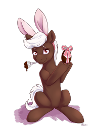 Size: 1200x1650 | Tagged: safe, artist:alasou, oc, oc only, oc:cherry cordial, species:earth pony, species:pony, brush, bunny ears, chocolate, commission, cute, easter, easter egg, food, holiday, looking at you, male, ribbon, simple background, solo, stallion