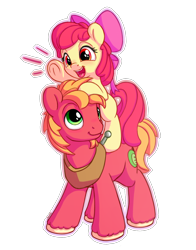 Size: 1100x1400 | Tagged: safe, artist:bobdude0, character:apple bloom, character:big mcintosh, species:earth pony, species:pony, adorabloom, apple bloom's bow, bow, brother and sister, cute, duo, female, filly, hair bow, macabetes, male, open mouth, ponies riding ponies, simple background, smiling, stallion, yoke