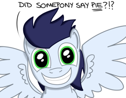 Size: 540x420 | Tagged: safe, artist:hoofclid, character:soarin', species:pegasus, species:pony, cute, dialogue, grin, happy, looking at you, male, pie, simple background, smiling, soarin' fuel, soarinbetes, solo, spread wings, stallion, that pony sure does love pies, white background, wingboner, wings