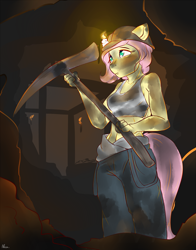 Size: 1375x1750 | Tagged: safe, artist:alasou, character:fluttershy, species:anthro, abs, clothing, dirty, female, midriff, miner, overalls, pickaxe, solo, sports bra