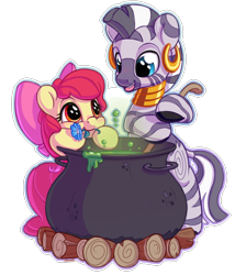 Size: 1200x1400 | Tagged: safe, artist:bobdude0, character:apple bloom, character:zecora, species:earth pony, species:pony, species:zebra, adorabloom, cauldron, cute, female, filly, flower, mouth hold, simple background, smiling, zecorable