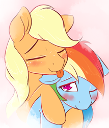Size: 600x700 | Tagged: safe, artist:alasou, character:applejack, character:rainbow dash, species:earth pony, species:pegasus, species:pony, ship:appledash, blushing, duo, female, lesbian, licking, mare, shipping, tongue out