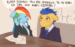 Size: 1700x1083 | Tagged: safe, artist:alasou, character:flash sentry, character:rainbow dash, species:anthro, species:pony, clothing, courtroom, dialogue, drool, female, floppy ears, lawyer, male, mare, meme, offscreen character, sad, sleeping, stallion, suit, waifu thief