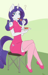 Size: 1450x2248 | Tagged: safe, artist:alasou, character:rarity, species:anthro, species:plantigrade anthro, species:pony, species:unicorn, alternative cutie mark placement, clothing, crossed legs, eyeshadow, female, food, fork, looking at you, makeup, mare, pie, question mark, sitting, solo, stockings, thigh highs