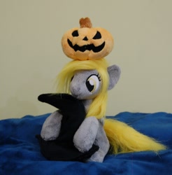 Size: 1200x1218 | Tagged: safe, artist:lanacraft, character:derpy hooves, species:pegasus, species:pony, clothing, halloween, hat, holiday, irl, jack-o-lantern, photo, plushie, pumpkin, solo, witch hat