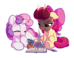 Size: 1400x1100 | Tagged: safe, artist:bobdude0, character:apple bloom, character:sweetie belle, species:earth pony, species:pony, species:unicorn, g4, adorabloom, angry, apple bloom is not amused, chemistry, cute, diasweetes, duo, eyes closed, female, filly, floppy ears, hoof over mouth, laughing, lying down, mane on fire, potion, potion making, simple background, singed, sitting, smiling, sweetie troll, transparent background, unamused, underhoof