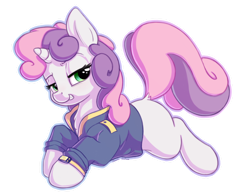 Size: 1400x1100 | Tagged: safe, artist:bobdude0, artist:dimfann, character:sweetie belle, species:pony, species:unicorn, clothing, collaboration, cute, diasweetes, female, filly, looking at you, simple background, smiling, smirk, solo, transparent background