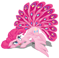 Size: 605x600 | Tagged: safe, artist:gingerfoxy, character:pinkie pie, species:pegasus, species:pony, buraq, female, floppy ears, grin, hilarious in hindsight, looking back, mare, peacock, simple background, smiling, solo, species swap, tail, tail feathers, transparent background