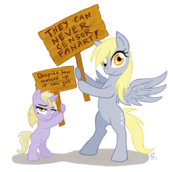 Size: 550x545 | Tagged: safe, artist:gingerfoxy, character:derpy hooves, character:dinky hooves, species:pegasus, species:pony, bipedal, fanart, female, hoof hold, mare, sign, simple background, transparent background