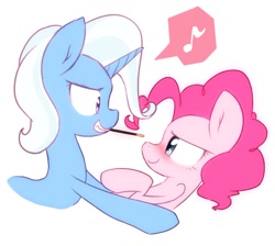 Size: 1938x1735 | Tagged: safe, artist:akainu_pony, character:pinkie pie, character:trixie, ship:trixiepie, female, food, lesbian, music notes, pictogram, pocky, pocky game, shipping, simple background