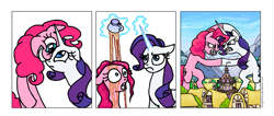 Size: 1005x426 | Tagged: safe, artist:gingerfoxy, character:pinkie pie, character:rarity, species:earth pony, species:pony, species:unicorn, comic, cup, fight, giant pony, macro, pony comic generator, ponyville, tea, teacup, wet mane
