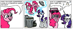 Size: 1459x579 | Tagged: safe, artist:gingerfoxy, character:pinkie pie, character:rarity, species:earth pony, species:pony, species:unicorn, abuse, boombox, boombox serenade, comic, crying, haddaway, into the trash it goes, magic, movie reference, pinkiebuse, pony comic generator, radio, say anything, serenade, song reference, spongebob squarepants, telekinesis, trash, trash can, tv reference, what is love