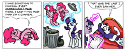 Size: 954x378 | Tagged: safe, artist:gingerfoxy, character:pinkie pie, character:rarity, character:twilight sparkle, species:earth pony, species:pony, species:unicorn, abuse, cannibalism, comic, couch, food, marshmallow, pinkiebuse, pony comic generator, rarity is a marshmallow, therapist, trash, trash can