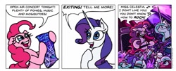 Size: 969x395 | Tagged: safe, artist:gingerfoxy, character:pinkie pie, character:princess celestia, character:rarity, oc, species:alicorn, species:earth pony, species:pony, species:unicorn, comic, concert, guitar, misspelling, pony comic generator, poster