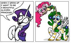 Size: 629x379 | Tagged: safe, artist:gingerfoxy, edit, character:pinkie pie, character:rarity, species:alicorn, species:pony, alicornified, comic, crossover, female, mare, neopets, paintbrush, pony comic generator, race swap, raricorn, simple background, white background