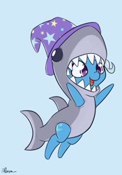 Size: 519x740 | Tagged: safe, artist:alasou, character:trixie, species:pony, species:unicorn, blue background, clothing, costume, cute, diatrixes, female, hat, mare, open mouth, shark, shark costume, sharxie, simple background, smiling, solo, trixie's hat