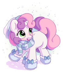 Size: 1050x1275 | Tagged: safe, artist:bobdude0, character:sweetie belle, species:pony, species:unicorn, clothing, cute, diasweetes, female, filly, hnnng, scarf, smiling, snow, snowfall, solo, weapons-grade cute, winter outfit
