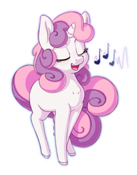 Size: 1100x1400 | Tagged: safe, artist:bobdude0, artist:handsockz, character:sweetie belle, species:pony, species:unicorn, blank flank, collaboration, cute, diasweetes, eyes closed, female, filly, horn, music notes, open mouth, simple background, singing, solo, transparent background