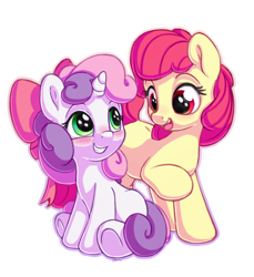 Size: 1100x1200 | Tagged: safe, artist:bobdude0, character:apple bloom, character:sweetie belle, species:earth pony, species:pony, species:unicorn, accessory swap, adorabloom, blushing, bow, cute, diasweetes, duo, eye contact, female, filly, hair bow, looking at each other, raised hoof, simple background, white background