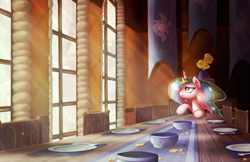 Size: 1700x1100 | Tagged: safe, artist:bobdude0, character:princess celestia, species:alicorn, species:pony, alone, bored, crepuscular rays, cute, dining room, dining table, dinner table, female, floppy ears, forever alone, frown, indoors, lonely, looking away, looking up, sad, sitting, solo, table, window