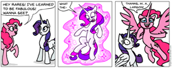 Size: 932x370 | Tagged: safe, artist:gingerfoxy, character:pinkie pie, character:rarity, species:alicorn, species:earth pony, species:pony, species:unicorn, alicornified, comic, dialogue, duo, floating, magic, meme, pinkiecorn, pony comic generator, race swap, raricorn, royalty, simple background, speech bubble, thanks m.a. larson, transformation, white background, xk-class end-of-the-world scenario