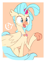 Size: 1569x2048 | Tagged: safe, artist:akainu_pony, character:princess skystar, species:classical hippogriff, species:hippogriff, g4, my little pony: the movie (2017), chest fluff, cute, dialogue, exclamation point, female, floppy ears, flower, flower in hair, fluffy, freckles, leg fluff, open mouth, raised hoof, seashell necklace, simple background, skyabetes, smiling, solo, speech bubble