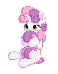 Size: 1100x1400 | Tagged: safe, artist:bobdude0, artist:vanillaghosties, character:sweetie belle, species:pony, species:unicorn, bashful, blank flank, collaboration, cute, diasweetes, female, filly, hnnng, holding tail, horn, hug, missing cutie mark, outline, simple background, sitting, solo, sweet dreams fuel, tail hug, transparent background, weapons-grade cute