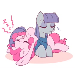 Size: 1266x1150 | Tagged: safe, artist:akainu_pony, character:maud pie, character:pinkie pie, species:earth pony, species:pony, clothing, cute, duo, eyes closed, female, mare, on back, pie sisters, prone, siblings, sisters, sleeping, zzz