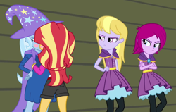 Size: 646x412 | Tagged: safe, artist:ambassad0r, artist:keronianniroro, artist:punzil504, artist:themexicanpunisher, character:fuchsia blush, character:lavender lace, character:sunset shimmer, character:trixie, ship:suntrix, equestria girls:legend of everfree, equestria girls:rainbow rocks, g4, my little pony:equestria girls, blushing, cape, clothing, female, hat, kissing, lesbian, shipping, trixie and the illusions, trixie's cape, trixie's hat