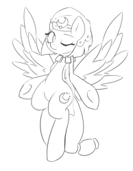 Size: 930x1200 | Tagged: safe, artist:akainu_pony, character:somnambula, species:pegasus, species:pony, g4, black and white, female, grayscale, headdress, jewelry, mare, monochrome, necklace, one eye closed, solo, spread wings, standing, wings, wink