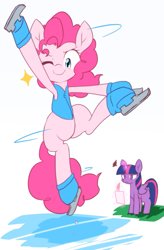 Size: 789x1200 | Tagged: safe, artist:akainu_pony, character:pinkie pie, character:twilight sparkle, character:twilight sparkle (alicorn), species:alicorn, species:earth pony, species:pony, episode:winter wrap up, g4, my little pony: friendship is magic, clothing, cute, duo, duo female, female, glowing horn, ice skating, magic, mare, one eye closed, quill, simple background, telekinesis, vest, weather team, white background, wink, winter wrap up vest, writing