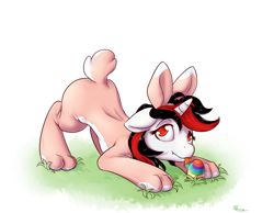 Size: 1024x793 | Tagged: safe, artist:alasou, oc, oc only, oc:blackjack, species:pony, species:unicorn, fallout equestria, fallout equestria: project horizons, g4, animal costume, bunny costume, clothing, colored pupils, costume, easter, easter egg, egg, face down ass up, female, floppy ears, holiday, licking, looking at you, looking up, mare, signature, simple background, solo, three quarter view, tongue out, white background, ych result