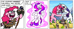 Size: 934x368 | Tagged: safe, artist:gingerfoxy, character:pinkie pie, character:rarity, species:earth pony, species:pony, species:unicorn, comic, dialogue, duo, fight, giant pony, growth, macro, magic, magic eight ball, magic staff, pony comic generator, ponyville, ponyville town hall, simple background, skull, speech bubble, spell, staff, white background