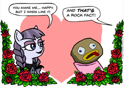 Size: 752x525 | Tagged: safe, artist:gingerfoxy, character:inky rose, character:pinkie pie, species:earth pony, species:pegasus, species:pony, pony couple generator, dialogue, flower, heart, over the garden wall, rock, rock fact, rose, speech bubble