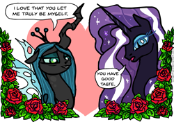 Size: 889x627 | Tagged: safe, artist:gingerfoxy, character:nightmare rarity, character:queen chrysalis, character:rarity, species:changeling, species:pony, species:unicorn, pony couple generator, ship:nightmare rarilis, changeling queen, female, flower, heart, leaf, lesbian, rose, shipping