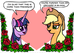 Size: 600x424 | Tagged: safe, artist:gingerfoxy, character:applejack, character:twilight sparkle, species:earth pony, species:pony, pony couple generator, ship:twijack, dialogue, duo, female, flower, heart, heart background, lesbian, rose, shipping, speech bubble