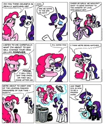 Size: 1032x1244 | Tagged: safe, artist:gingerfoxy, character:pinkie pie, character:rarity, character:twilight sparkle, character:twilight sparkle (alicorn), oc, oc:nyx, species:alicorn, species:earth pony, species:pony, species:unicorn, 1984, comic, female, filly, fourth wall, into the trash it goes, magic, mare, notebook, pony comic generator, simple background, surprised, taking notes, telekinesis, trash can, white background, writing