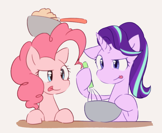 Size: 680x560 | Tagged: safe, artist:akainu_pony, artist:szafir87, character:pinkie pie, character:starlight glimmer, species:earth pony, species:pony, species:unicorn, animated, baking, balancing, blep, bouncing, bowl, cute, diapinkes, female, floppy ears, gif, glimmerbetes, headbob, hoof hold, mare, mixing bowl, pinkie being pinkie, raised eyebrow, simple background, smiling, smirk, tongue out, white background