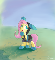 Size: 821x899 | Tagged: safe, artist:alasou, character:fluttershy, species:pegasus, species:pony, bunny ears, clothing, cute, dangerous mission outfit, female, hoodie, mare, open mouth, solo
