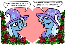 Size: 598x418 | Tagged: safe, artist:gingerfoxy, character:trixie, species:pony, species:unicorn, pony couple generator, female, flower, heart, lesbian, mare, narcissism, rose, self ponidox, selfcest, shipping, trixtrix