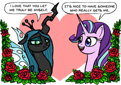 Size: 598x419 | Tagged: safe, artist:gingerfoxy, character:queen chrysalis, character:starlight glimmer, species:changeling, species:pony, species:unicorn, pony couple generator, ship:glimmerlis, changeling queen, crack shipping, female, flower, heart, lesbian, rose, shipping