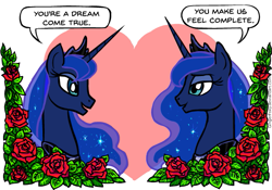 Size: 599x420 | Tagged: safe, artist:gingerfoxy, character:princess luna, species:alicorn, species:pony, pony couple generator, female, flower, heart, lesbian, lunlun, rose, self ponidox, selfcest, shipping